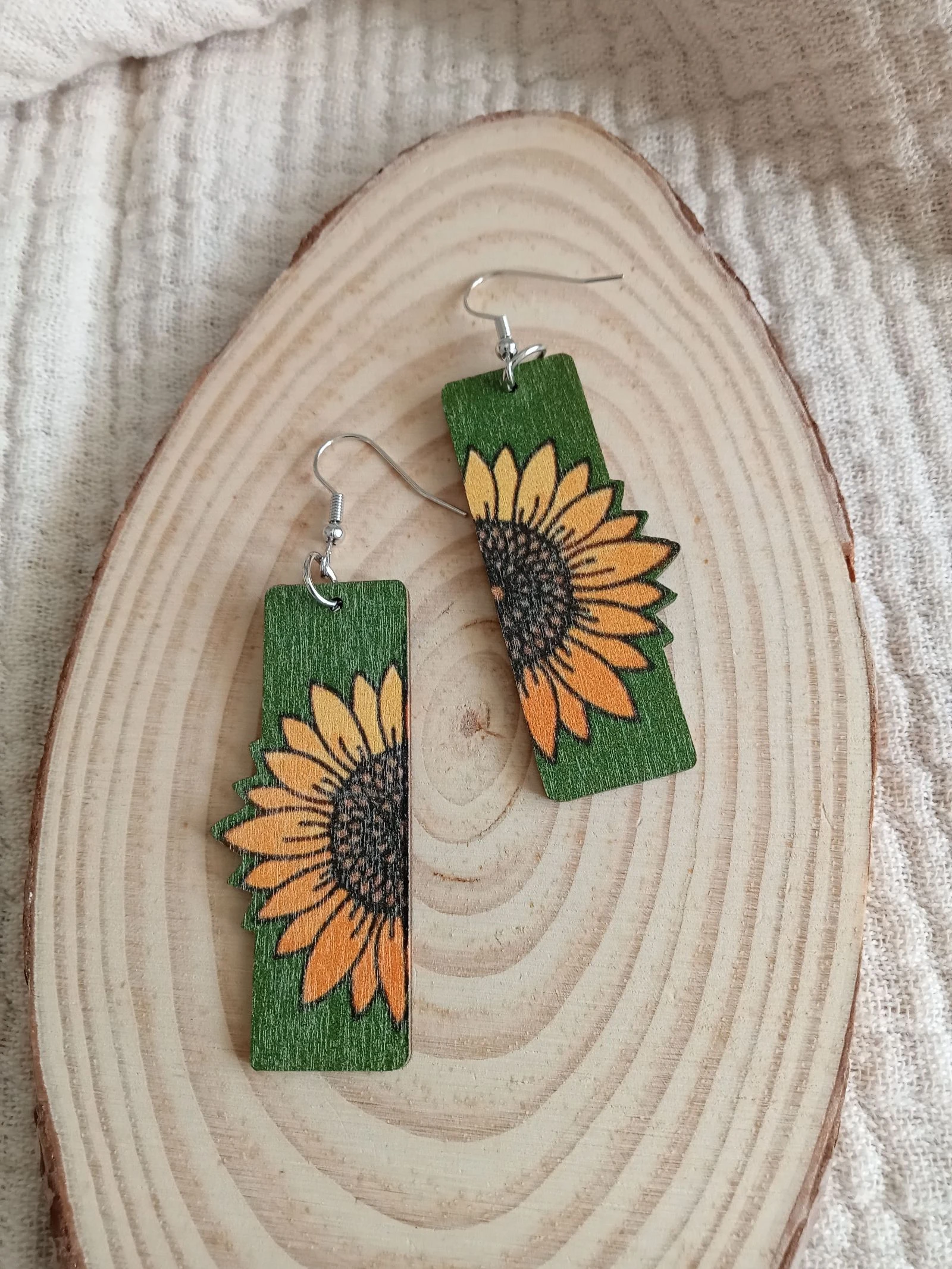 Pendientes de madera Girasol verde 